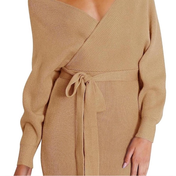 NWT FASHION NOVA TAN CAMEL  MIDI BELTED SWEATER DRESS  S - Picture 4 of 9